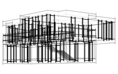 Modern Architectural Sketch - Abstract Residential Building - Wireframe Perspective - Vector Illustration