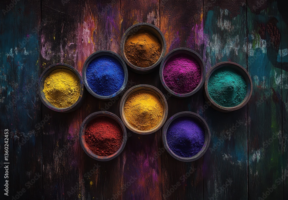 Poster vibrant colorful powders arranged in bowls on a wooden surface creating an artistic and festive disp