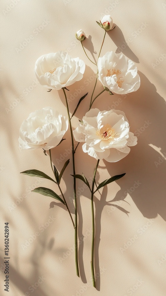 Poster white peonies with lush petals and slender green stems are beautifully arranged against a soft beige