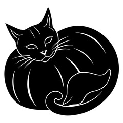 A black cat curled up on a pumpkin silhouette vector illustration