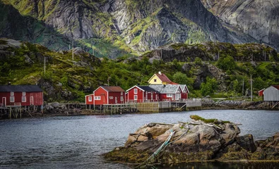 Peel and stick wall murals Hamnoy fishing village with traditional houses in Norwegian fjord in winter. Lofoten Islands, Norway