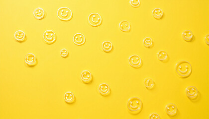 Smiley face bubbles against a bright yellow background  