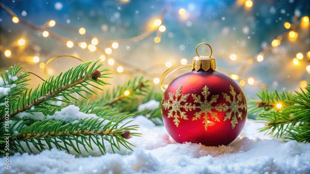 Aufkleber a festive red ornament adorned with gold snowflakes rests in the snow amongst sparkling lights and e