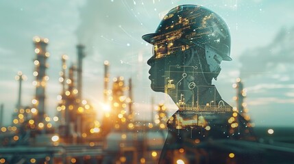 Double exposure of engineer with oil refinery, industrial plant, factory instruments, automation system, energy production, petrochemical industry, futuristic engineering