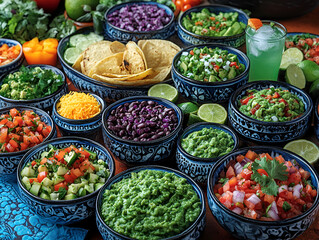 colorful spread of vibrant Mexican food featuring various dips, salsas, and tortillas, perfect for festive gathering
