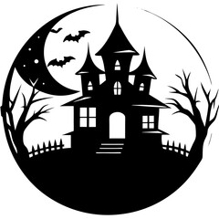 A full moon with a silhouette of a spooky house silhouette vector illustration