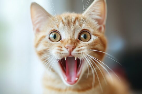 A close-up of a yawning orange cat, capturing its cute features and playful nature in stunning detail.