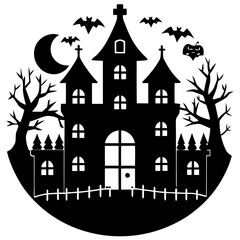 Vector illustration of a Halloween house with bats in a spooky urban setting