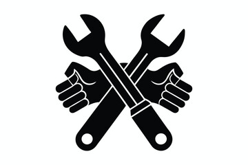 Happy labour day silhouette vector art illustration and Hand holding a Wrench hammer Icon with worker helmet