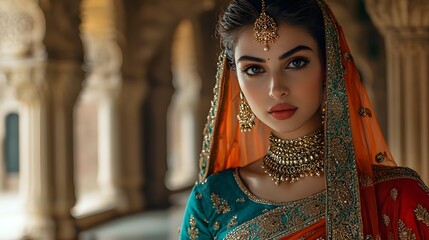 Obraz premium Radiant peacock hen in ornate, Bollywood-inspired saree poses in opulent Indian palace