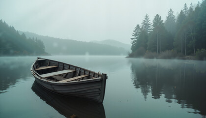 Obraz premium Abandoned rowboat in misty forest lake, eerie tranquility