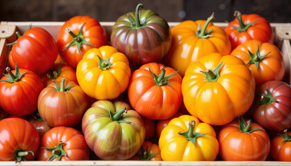 Colorful heirloom tomatoes piled in wooden crate, farm freshness