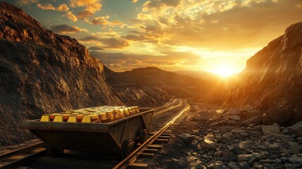 Gold ore train in a mountain quarry at sunset.