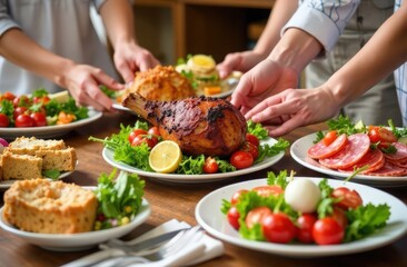 Family Easter breakfast: close-up of plates with roast lamb, cold cuts, salads, Easter cakes and other dishes, with hands of adults and children passing dishes to each other visible around. High