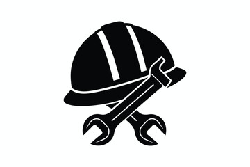Happy labour day silhouette vector art illustration and Hand holding a Wrench hammer Icon with worker helmet
