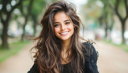 Naklejka premium Smiling woman with park, and city background.