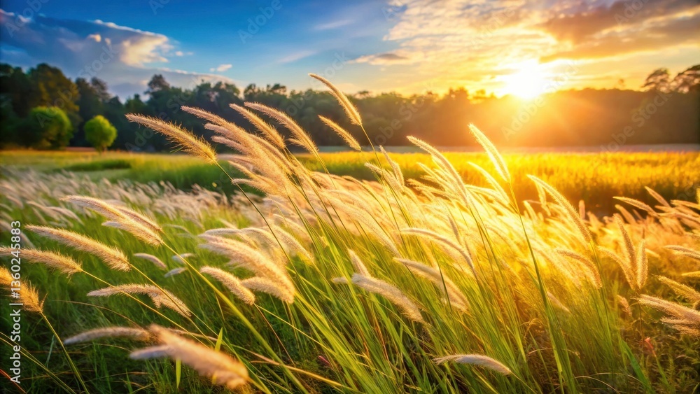 Poster golden hour sunlight illuminating a field of tall grass swaying gently in the breeze