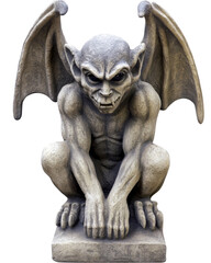Stone gargoyle statue crouching with spread wings on transparent background