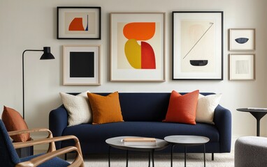 Modern Living Room with Navy Blue Sofa and Abstract Wall Art
