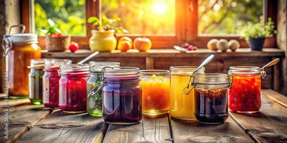 Poster sunlit rustic table with assorted homemade fruit preserves in glass jars