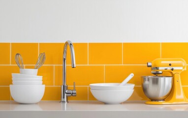 White bowls and kitchen utensils sit on a countertop against a backdrop of yellow subway tiles and a chrome faucet