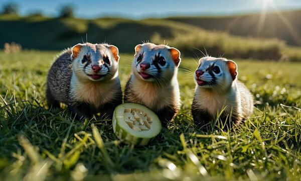 Three playful ferrets enjoying a cucumber in a sunny, grassy setting.
