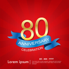 Fototapeta premium 70th years anniversary celebration emblem. elegant golden anniversary logo isolated with blue ribbon on red background. vector illustration template design for celebration greeting and invitation card