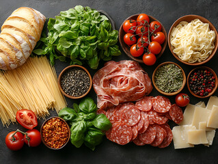 vibrant overhead shot of Italian feast featuring fresh ingredients like pasta, tomatoes, basil, and cured meats, evoking sense
