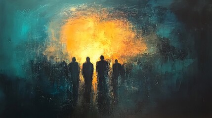 Silhouetted figures walk towards light, dark background, hope concept, art print