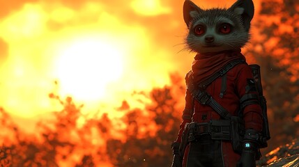 A furry anthropomorphic creature in a red space suit on a planet