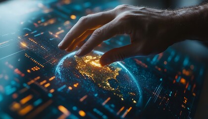 Hand touches digital Earth globe.