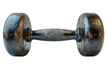 A vintage, worn-out dumbbell showcasing its rugged texture, perfect for fitness and workout related themes.