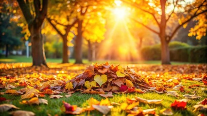Autumnal Park Scene Golden Sunlight Illuminates a Pile of Fallen Leaves on Lush Green Grass, Surrounded by Majestic Trees in Vibrant Fall Colors.