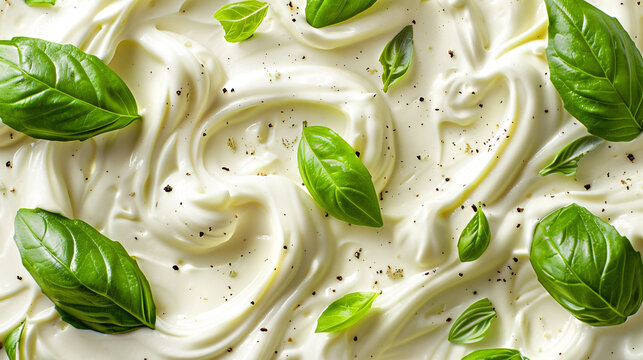 Vibrant basil leaves resting on a rich, textured white sauce background.
