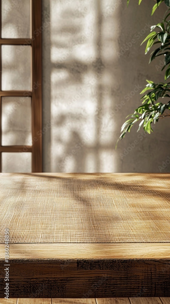 Poster Soft morning light filters through a window, creating intricate shadows on a textured wooden tabletop. A vibrant green plant adds a natural touch to the tranquil atmosphere