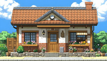 Fototapeta premium Charming Pixelated Country Cottage Exterior