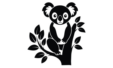 Koala on tree side view silhouette, koala silhouette vector, koala clinging to tree silhouette vector illustration  