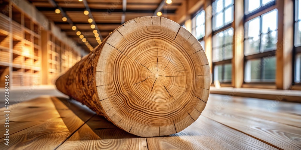 Poster cross-section of a large tree trunk resting on a wooden floor inside a spacious building with large 