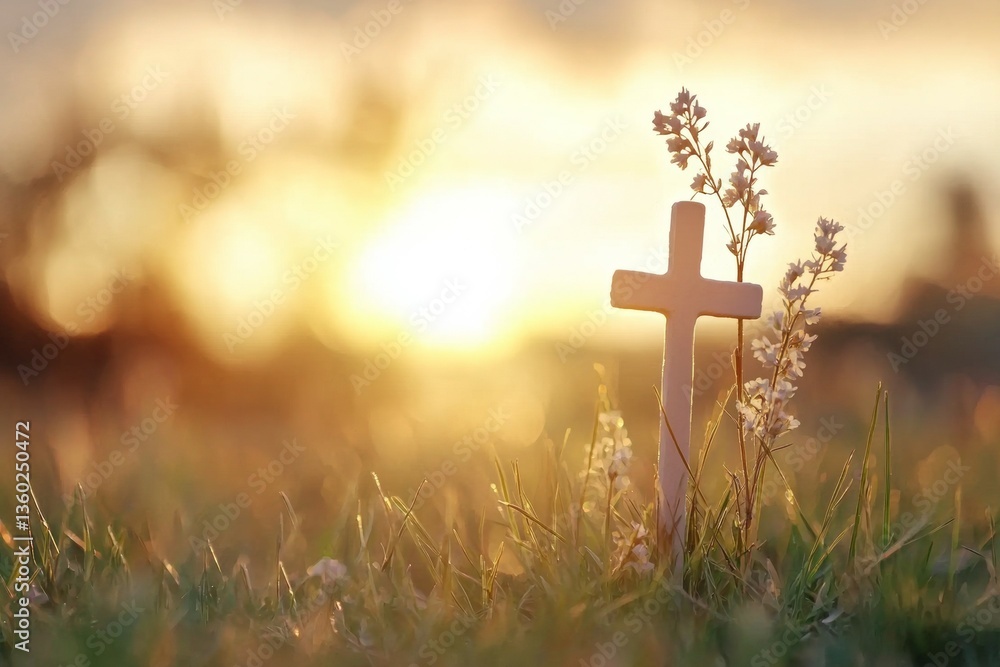 Poster white cross is on a field of grass with the sun in the background