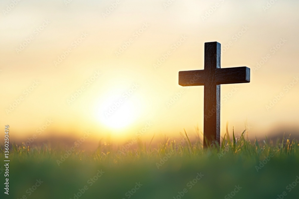 Poster cross is standing in a field of grass with the sun in the background