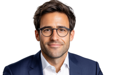 Confident business professional wearing glasses, smiling and ready for a new challenge in a corporate environment.