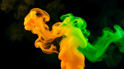 Fototapeta premium Green and yellow smoke cloud with swirling patterns against a dark background