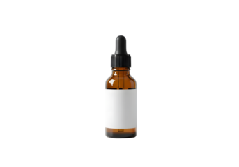 Brown glass dropper bottle with blank label for essential oils, serums, tinctures, medicine, or skincare products on isolated white background