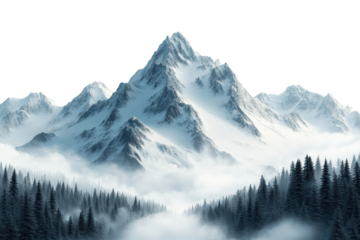 Snow-capped mountains rise dramatically above a blanket of mist, surrounded by evergreen forests, creating a serene winter landscape.