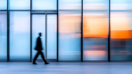 Fototapeta premium Silhouette of a person walking past large glass windows during a colorful sunset