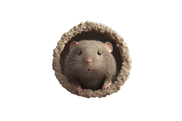 Small brown rodent is peeking out of a hole, isolated