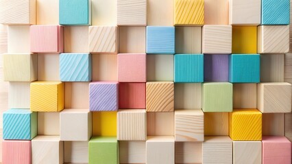 Pastel-colored wooden blocks arranged in a complex pattern, creating a visually appealing texture and design