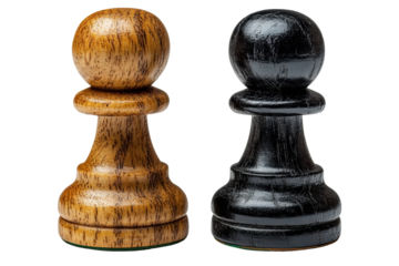 Two distinct chess pawns, one black and one wooden, symbolizing strategy and competition in the game of chess.