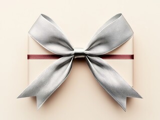 Silver Bow Gift Box for Beige Background.