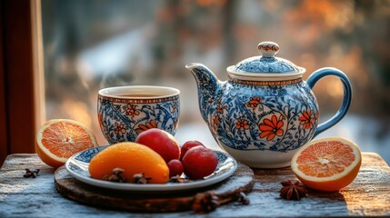 Winter tea break with citrus and berries. A steaming cup of tea, alongside a teapot and a plate of seasonal fruit, including oranges, plums, and spices, create a cozy and warm atmosphere